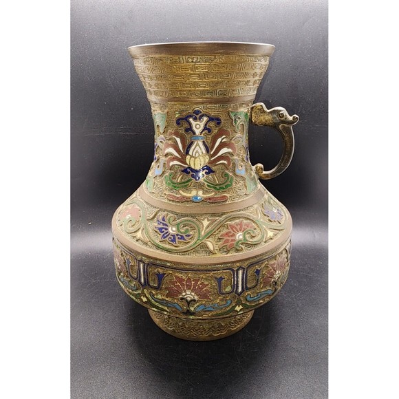 Vintage Heavy Brass Japanese Inlaid Cloisonné Missing 1 Handle Vase Made Japan - Picture 2 of 14